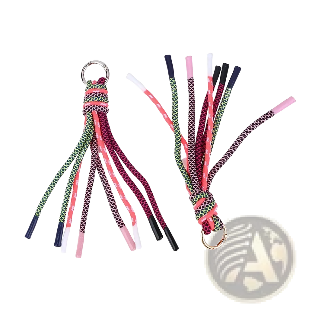 Colorful braided tassel keychain bag charm with multicolored rope ends and a metal ring for keys or bags