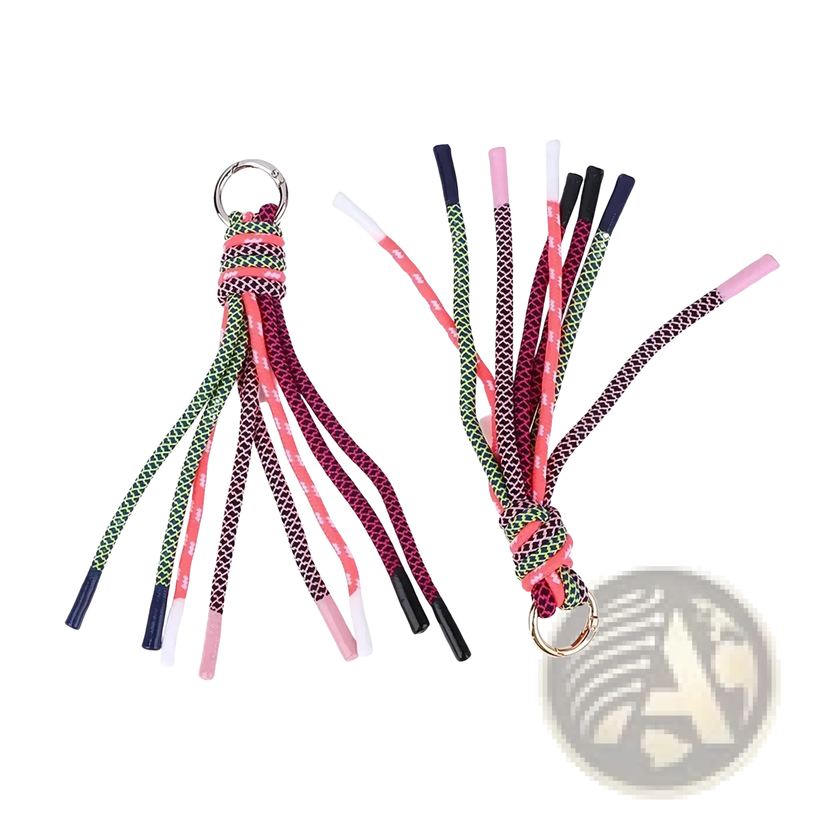 Colorful braided tassel keychain bag charm with multicolored rope ends and a metal ring for keys or bags
