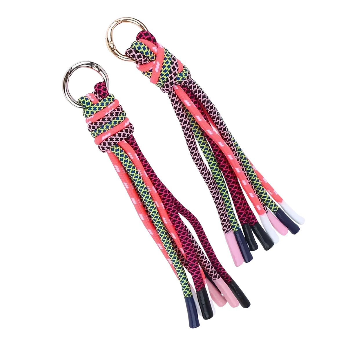 Braided tassel keychain bag charm with colorful woven rope, metallic ring, and multicolored tassels