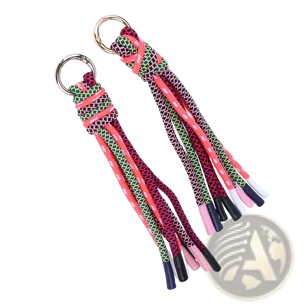 Braided tassel keychain bag charm with colorful woven rope, metallic ring, and multicolored tassels