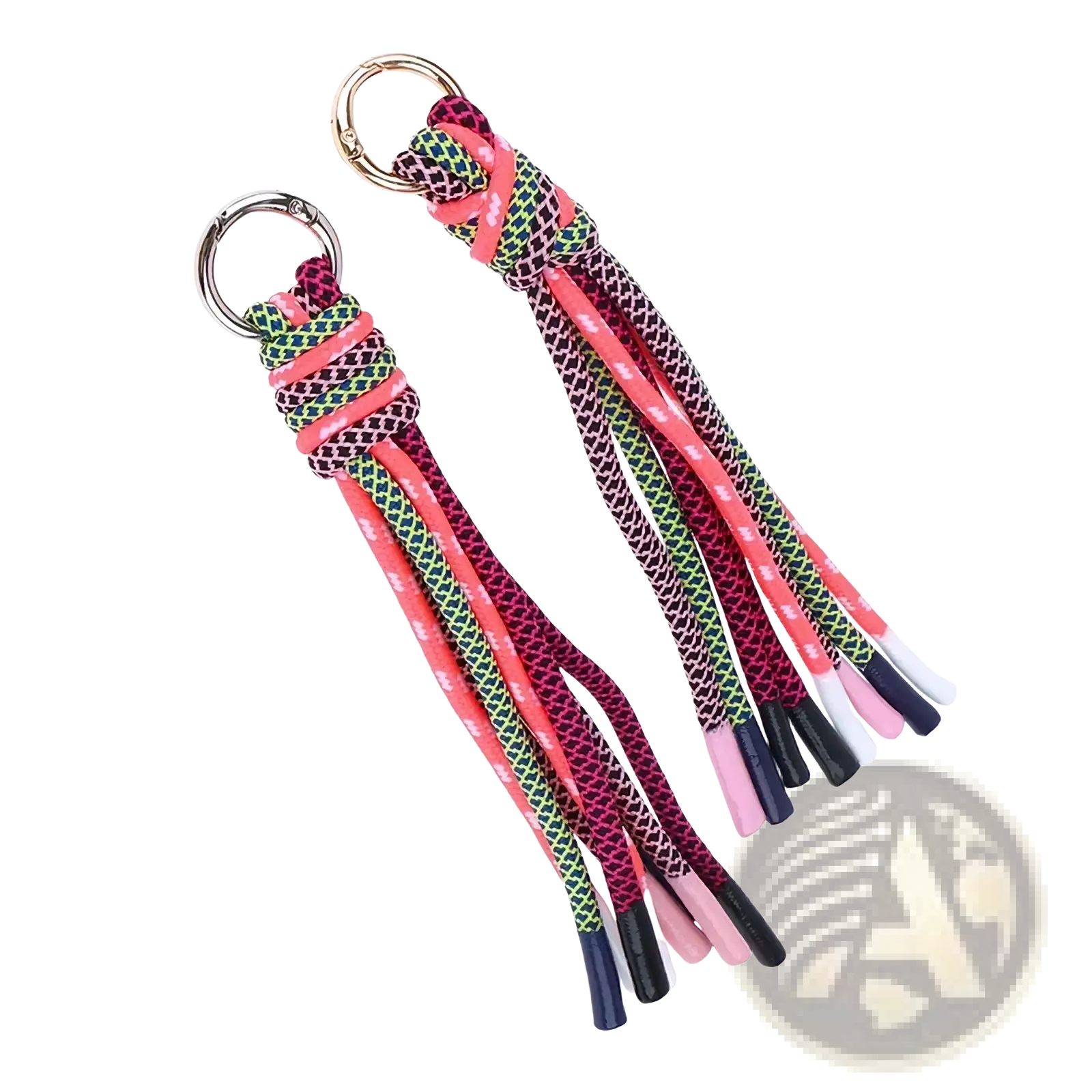 Braided tassel keychain bag charm with colorful woven rope, metallic ring, and multicolored tassels