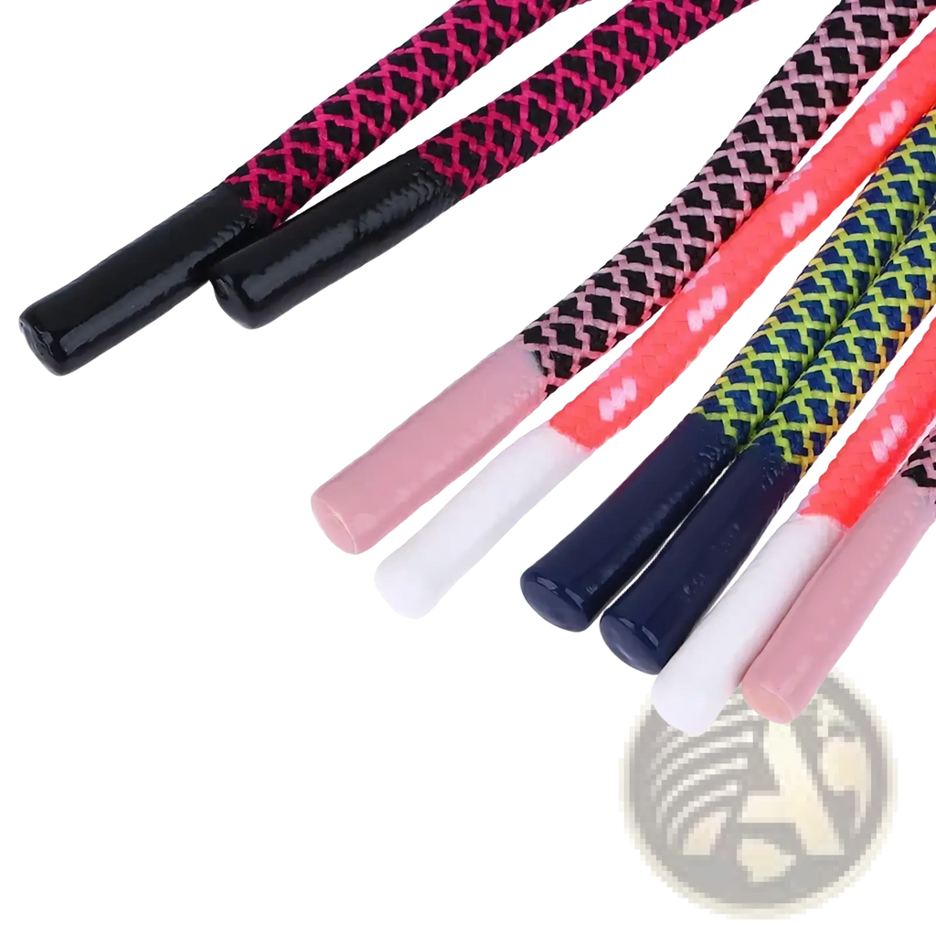 Colorful woven braided tassel keychain bag charm with patterned sections and solid tips in black pink and orange