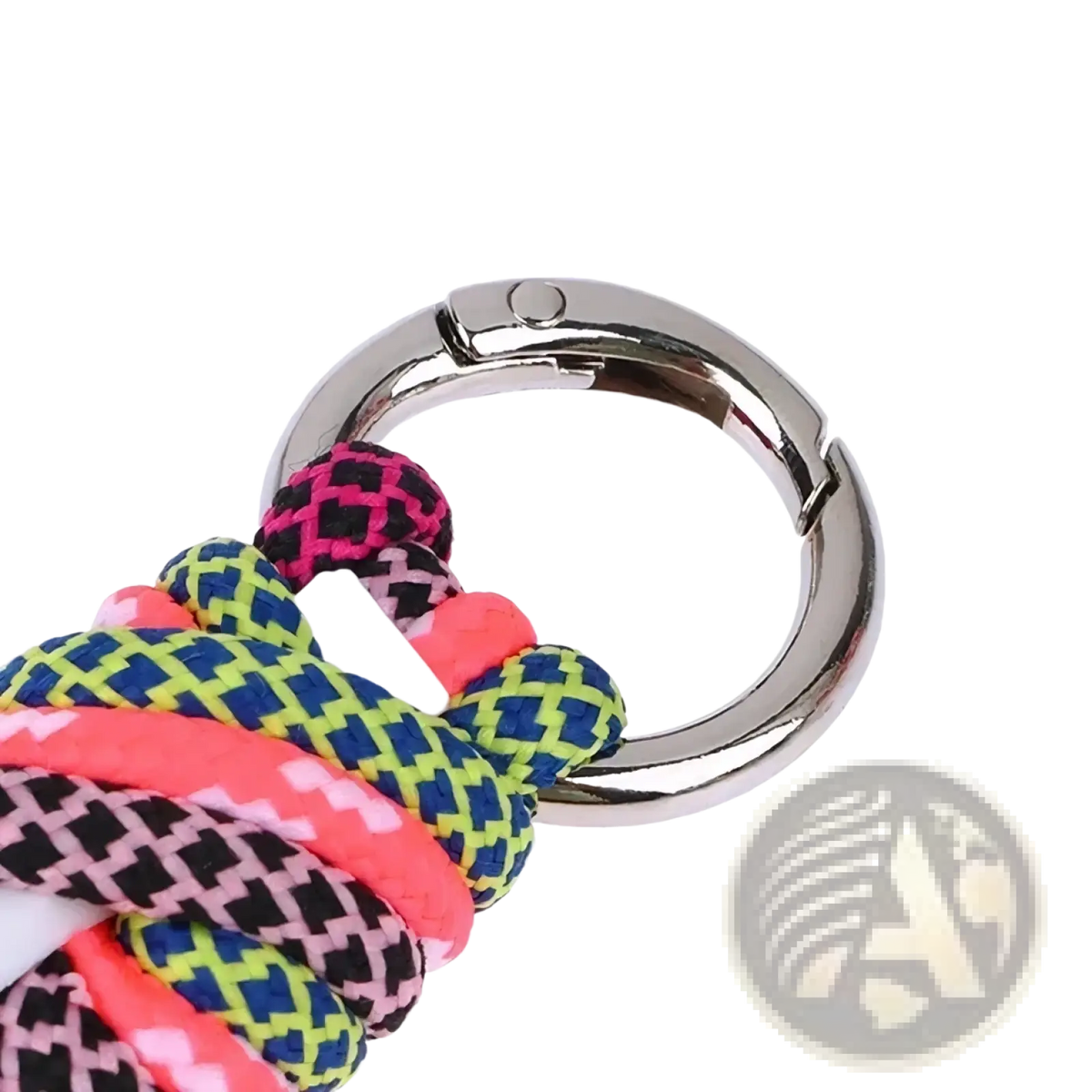 Braided tassel keychain bag charm with a vibrant multicolored braided rope and shiny silver carabiner clip