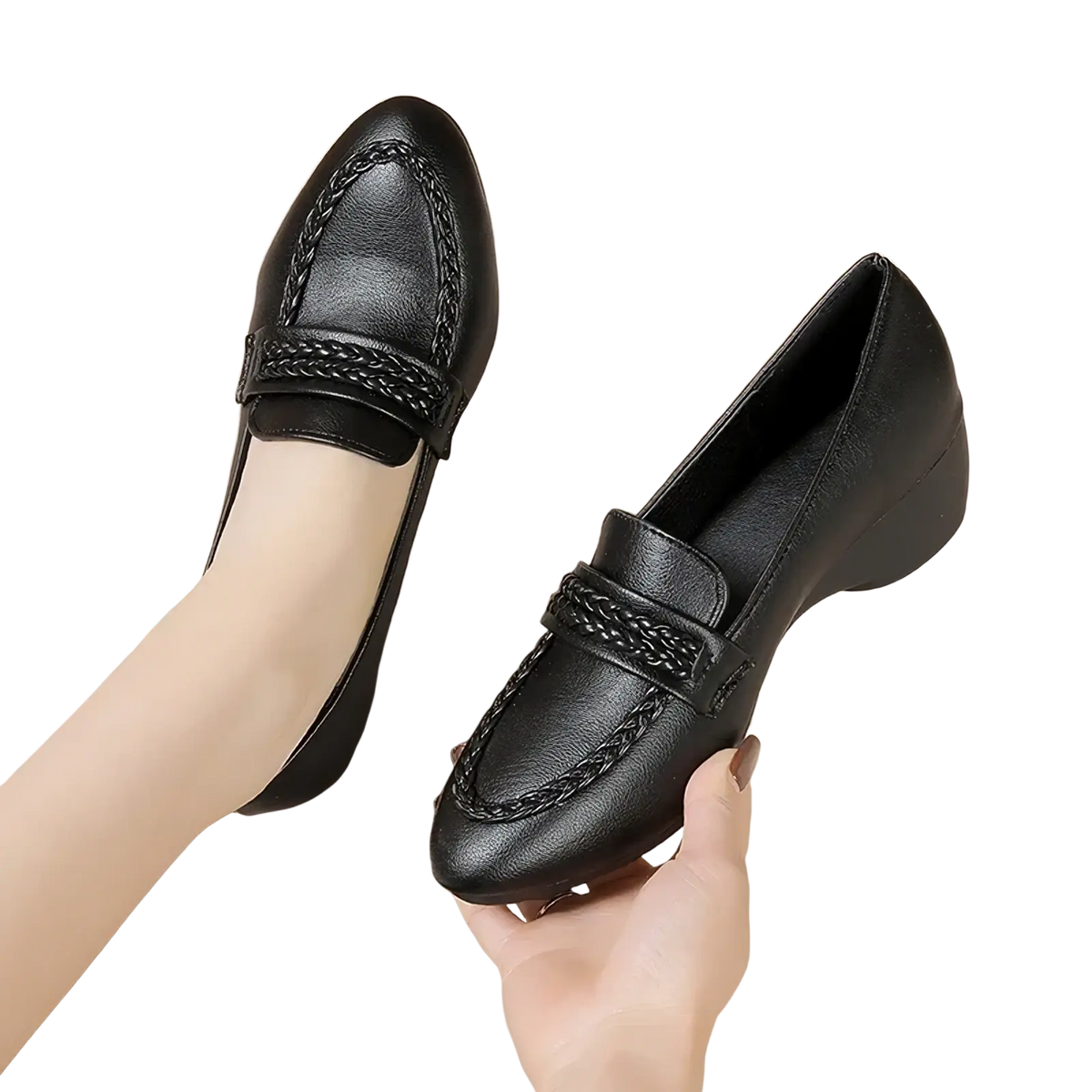 Black leather braided wedge loafers for women featuring a vintage office style and detailed braided strap design