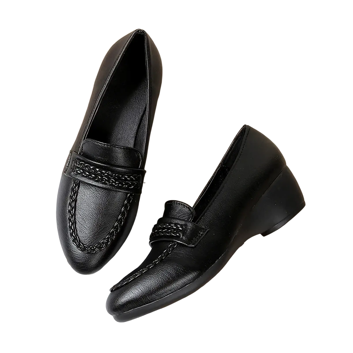 Black leather braided wedge loafers for women featuring a low heel suitable for vintage office wear