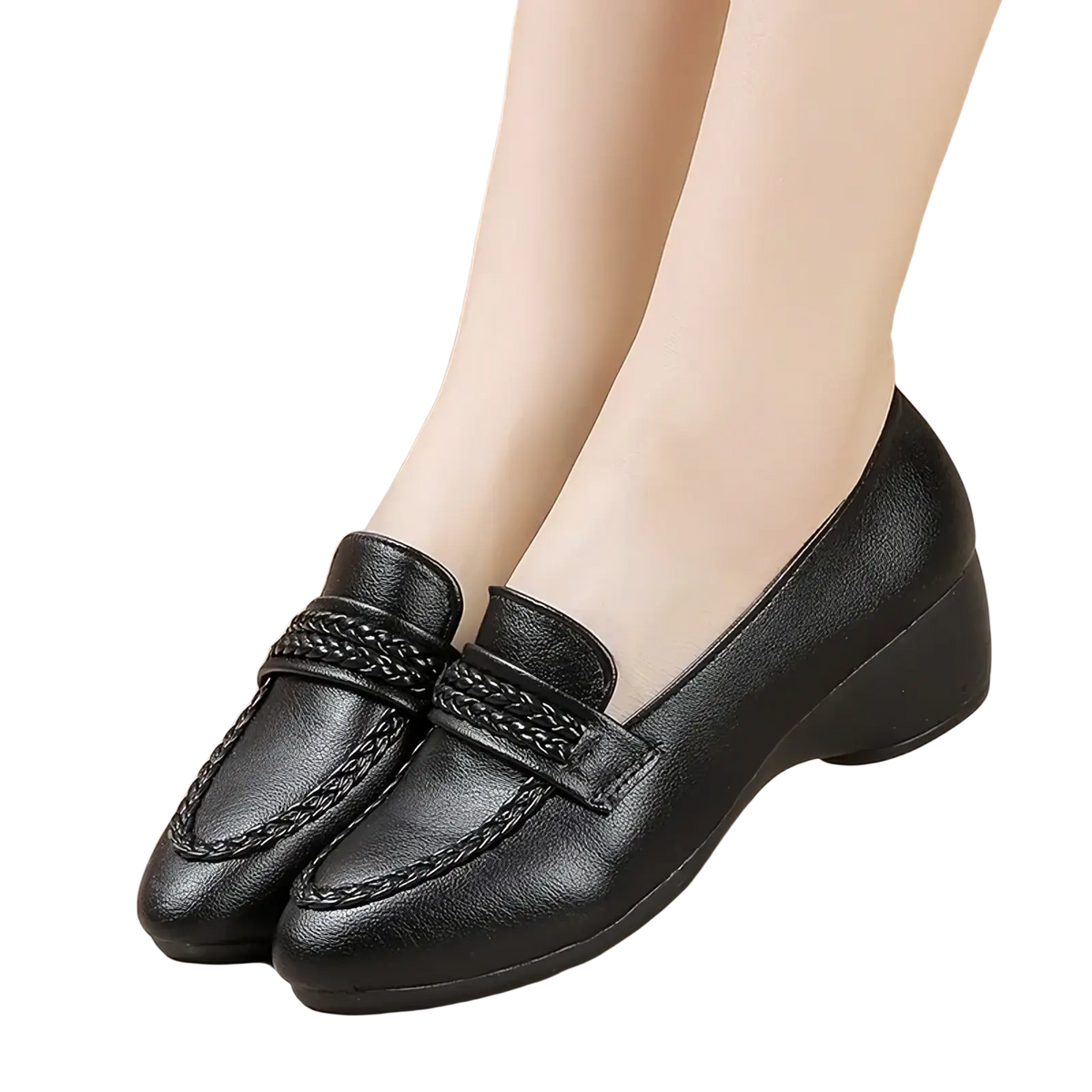 Black leather braided wedge loafers with low block heel vintage style women office shoes