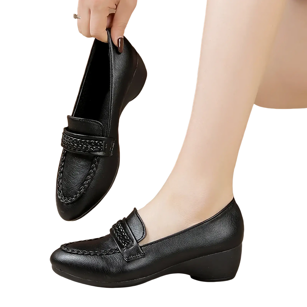 Black leather braided wedge loafers for women with low block heel vintage office shoes