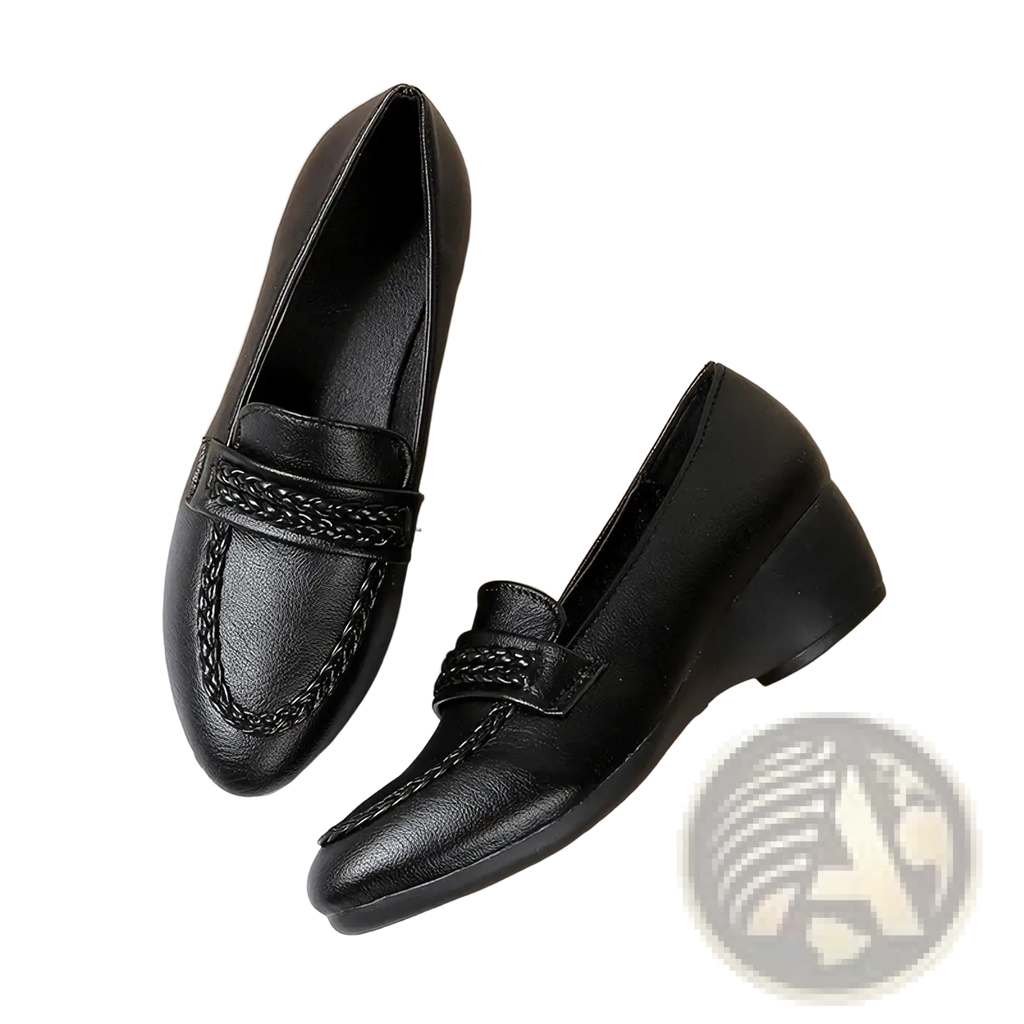 Black leather braided wedge loafers for women featuring a low heel suitable for vintage office wear
