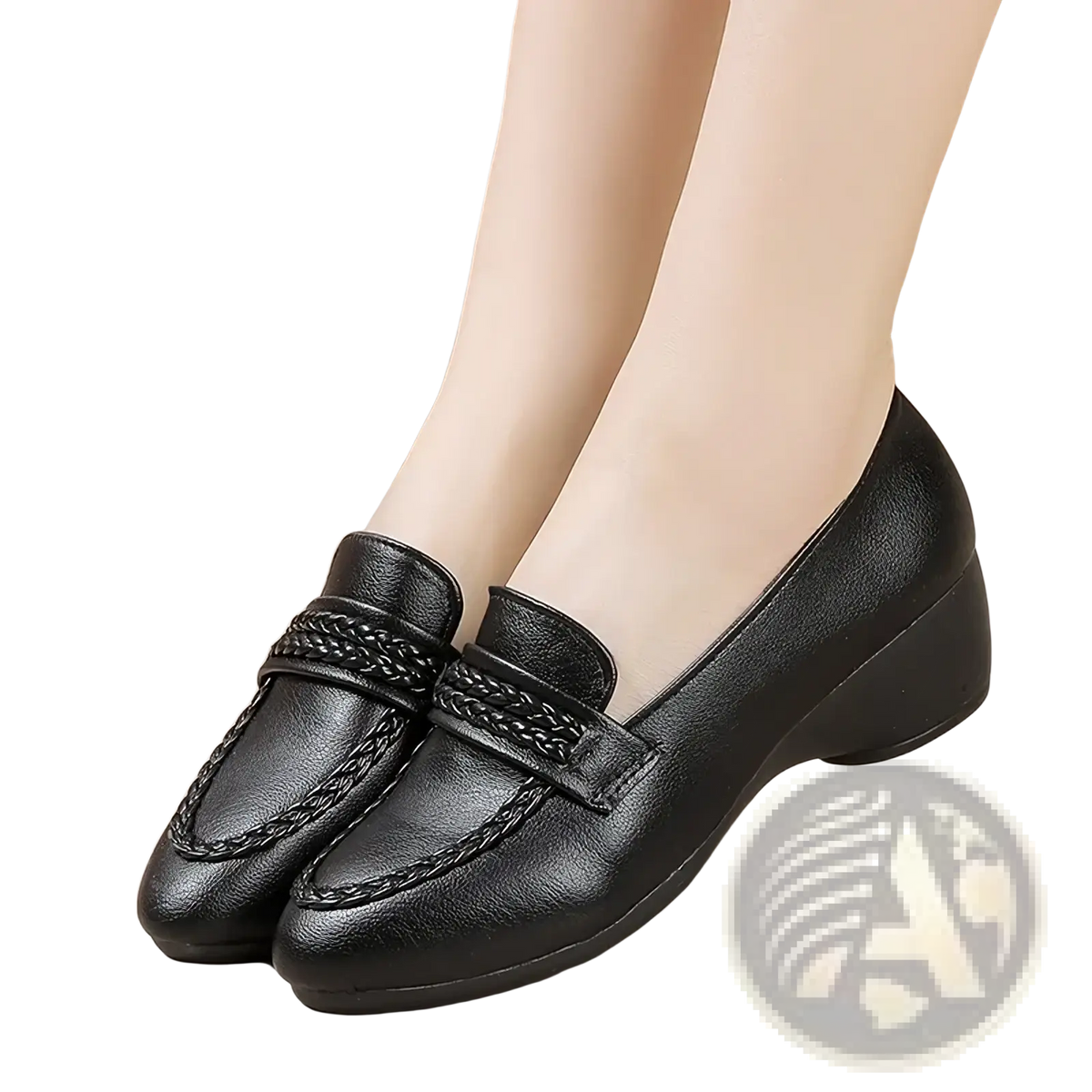 Black leather braided wedge loafers with low block heel vintage style women office shoes