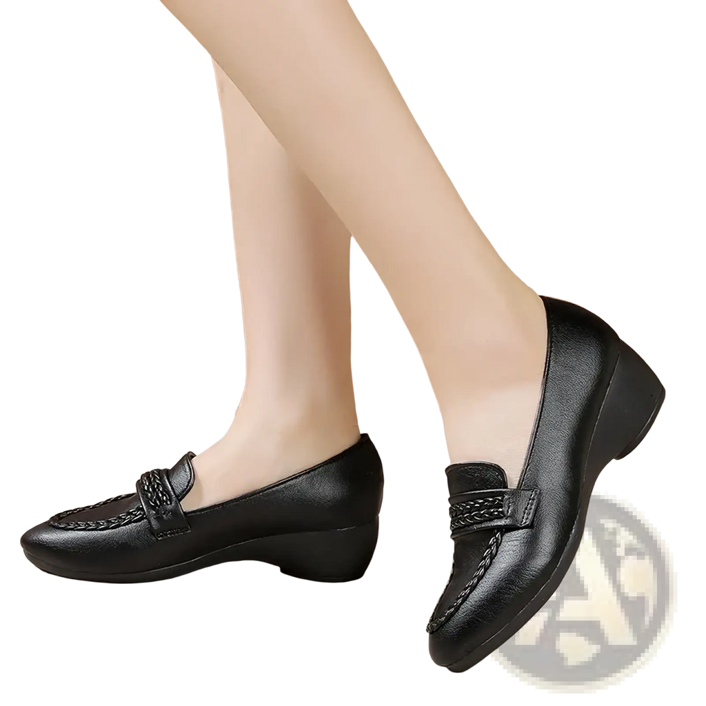 Black leather braided wedge loafers for women featuring a low heel ideal for vintage office wear