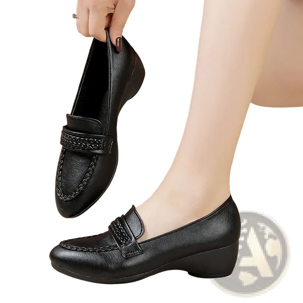 Black leather braided wedge loafers for women with low block heel vintage office shoes