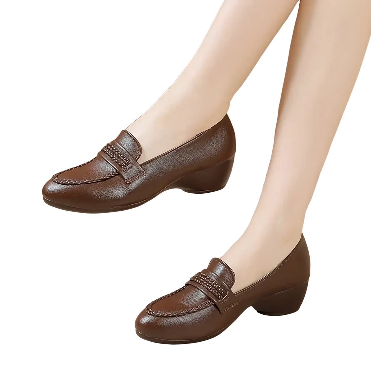 Brown leather braided wedge loafers with low block heels for women vintage office shoes