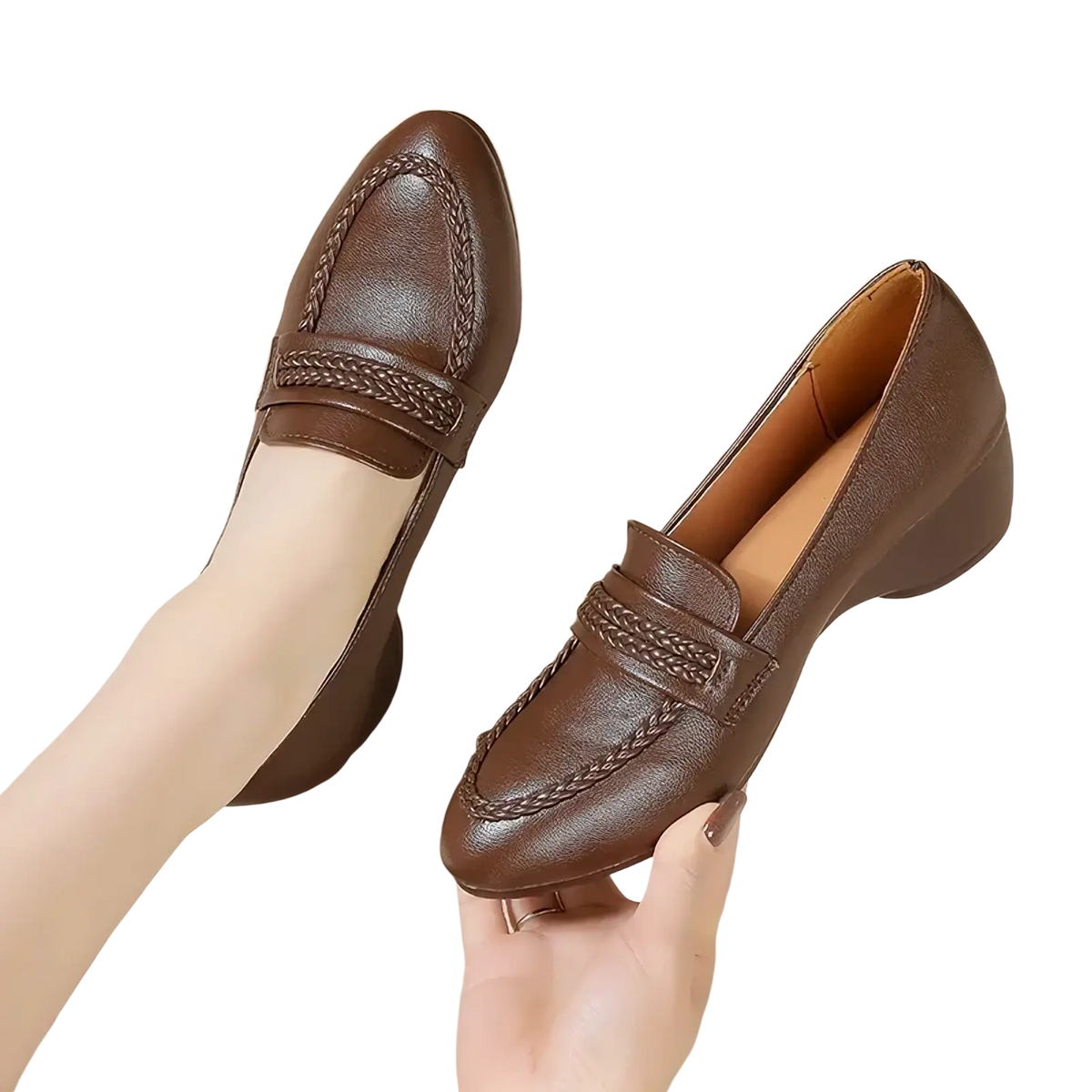 Brown leather braided wedge loafers for women with low heel vintage office shoes