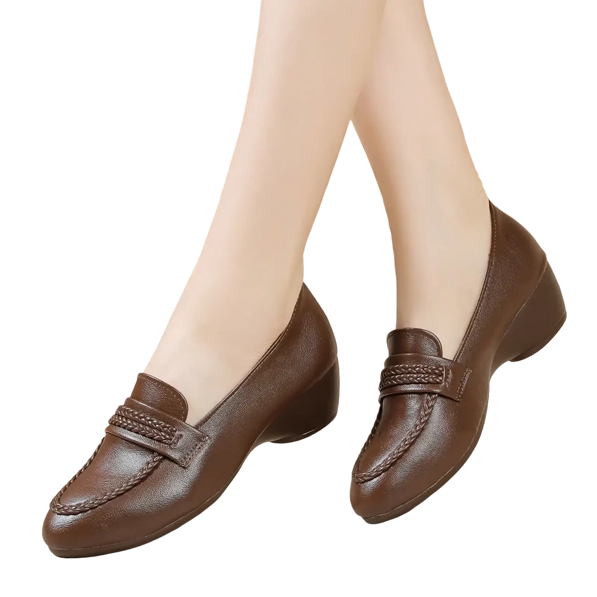 Brown leather braided wedge loafers with low block heel vintage style office shoes for women
