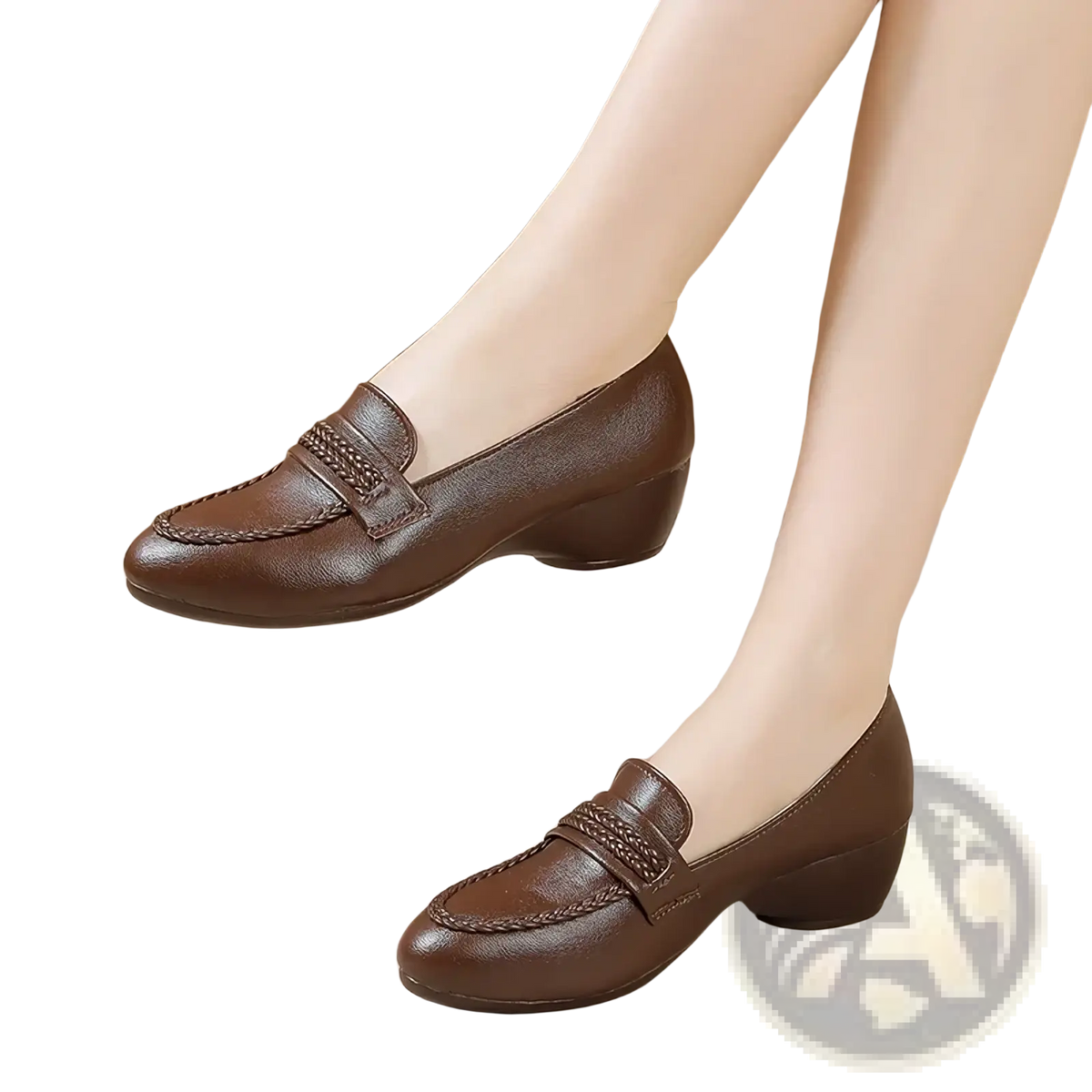 Brown leather braided wedge loafers with low block heels for women vintage office shoes