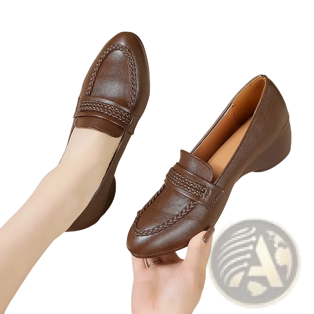 Brown leather braided wedge loafers for women with low heel vintage office shoes