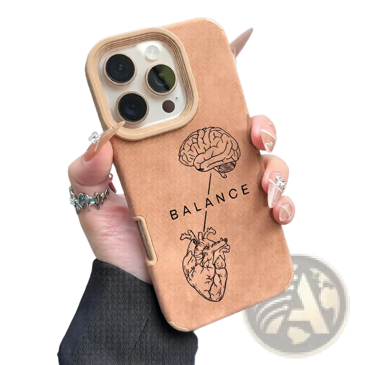 Tan leather brain heart balance phone case showing engraved brain heart illustrations and word balance on back side