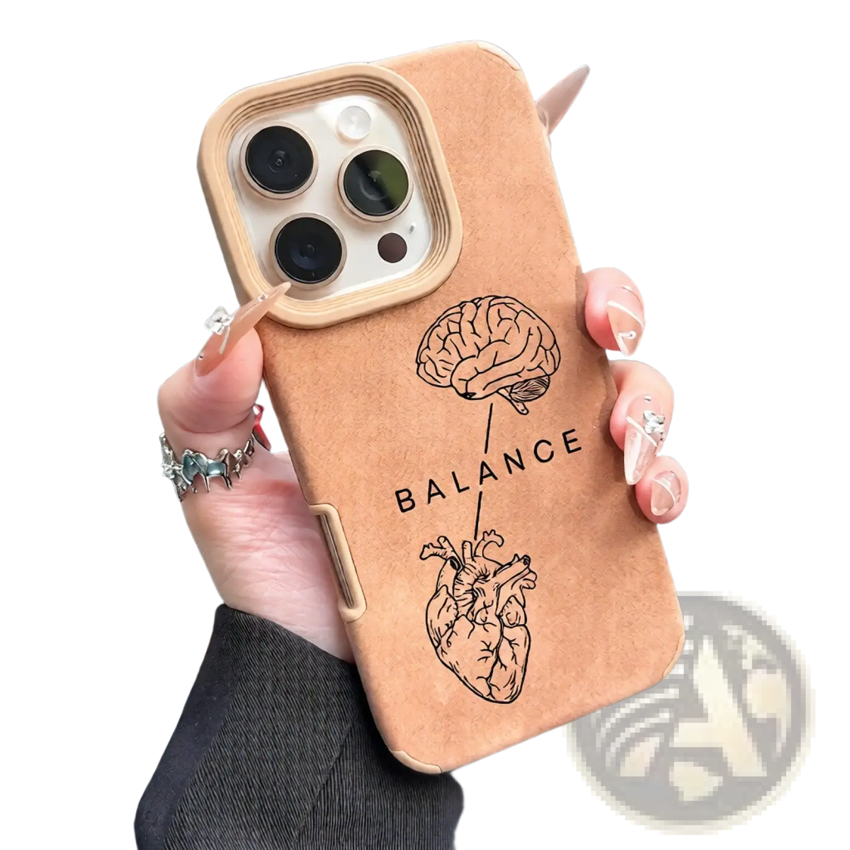 Back side of tan leather brain heart balance phone case with engraved brain heart design and balance text