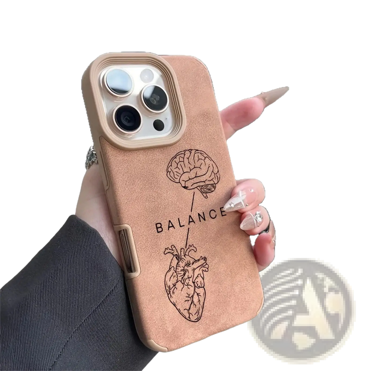 Back side of a tan suede brain heart balance phone case with engraved brain heart illustrations and the word balance