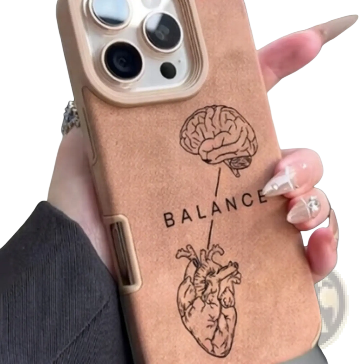 Tan textured phone case with engraved brain and heart connected by line and bold balance text on the back side