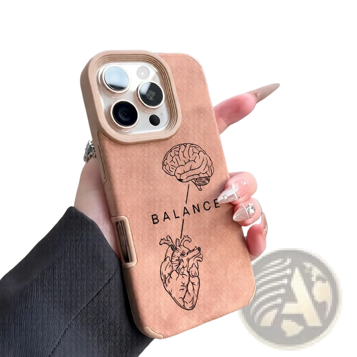 Back side of a tan textured phone case with a minimalist black line brain heart design and the word balance