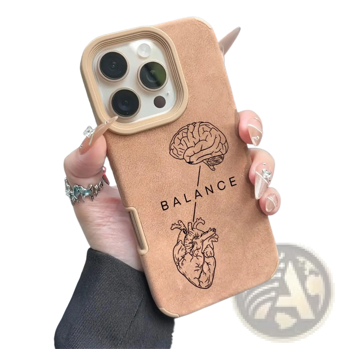 Back side of tan suede brain heart balance phone case with engraved brain and heart connected by a line design