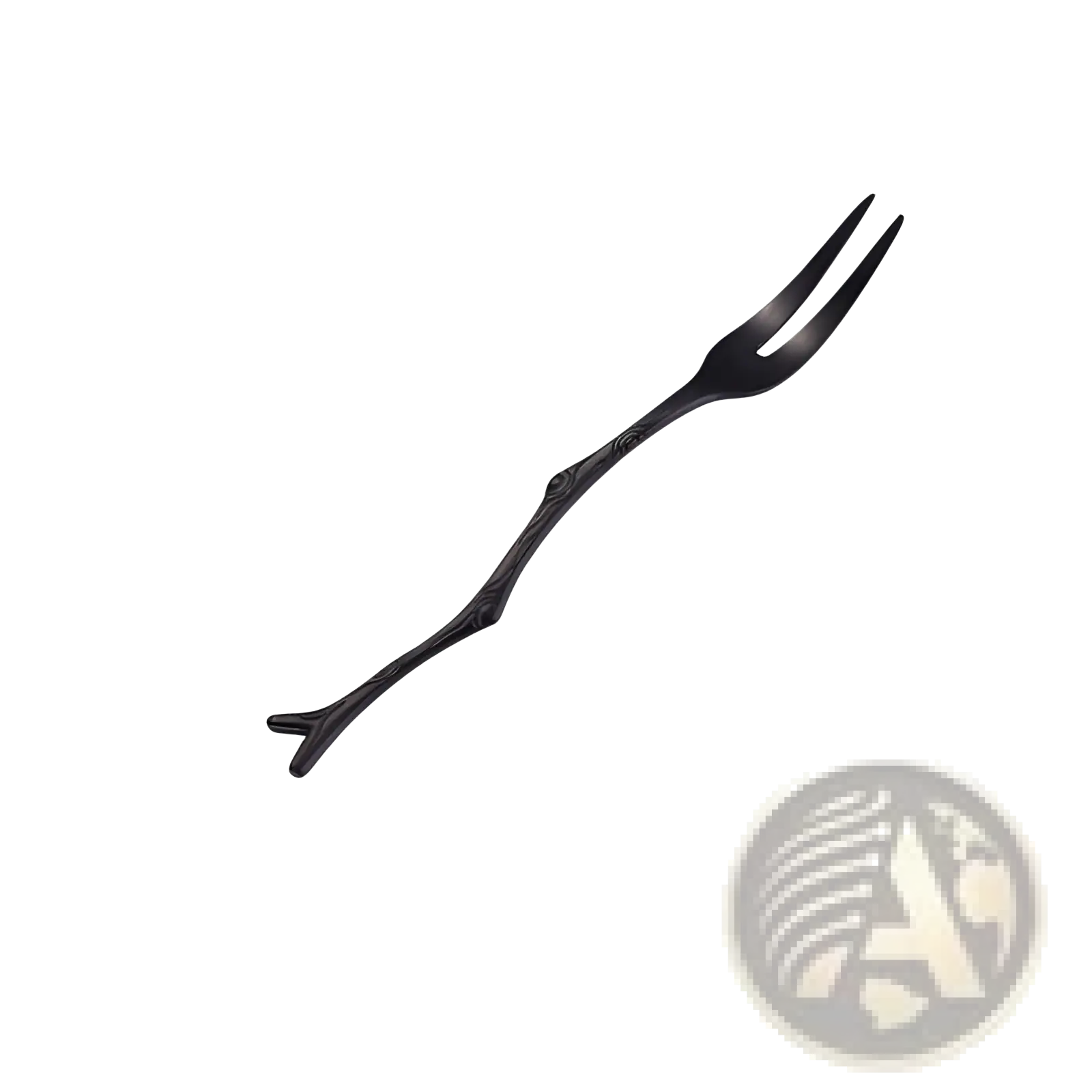 Black stainless steel dessert fork with tree branch-inspired handle measuring 12.2 cm from branch cutlery set