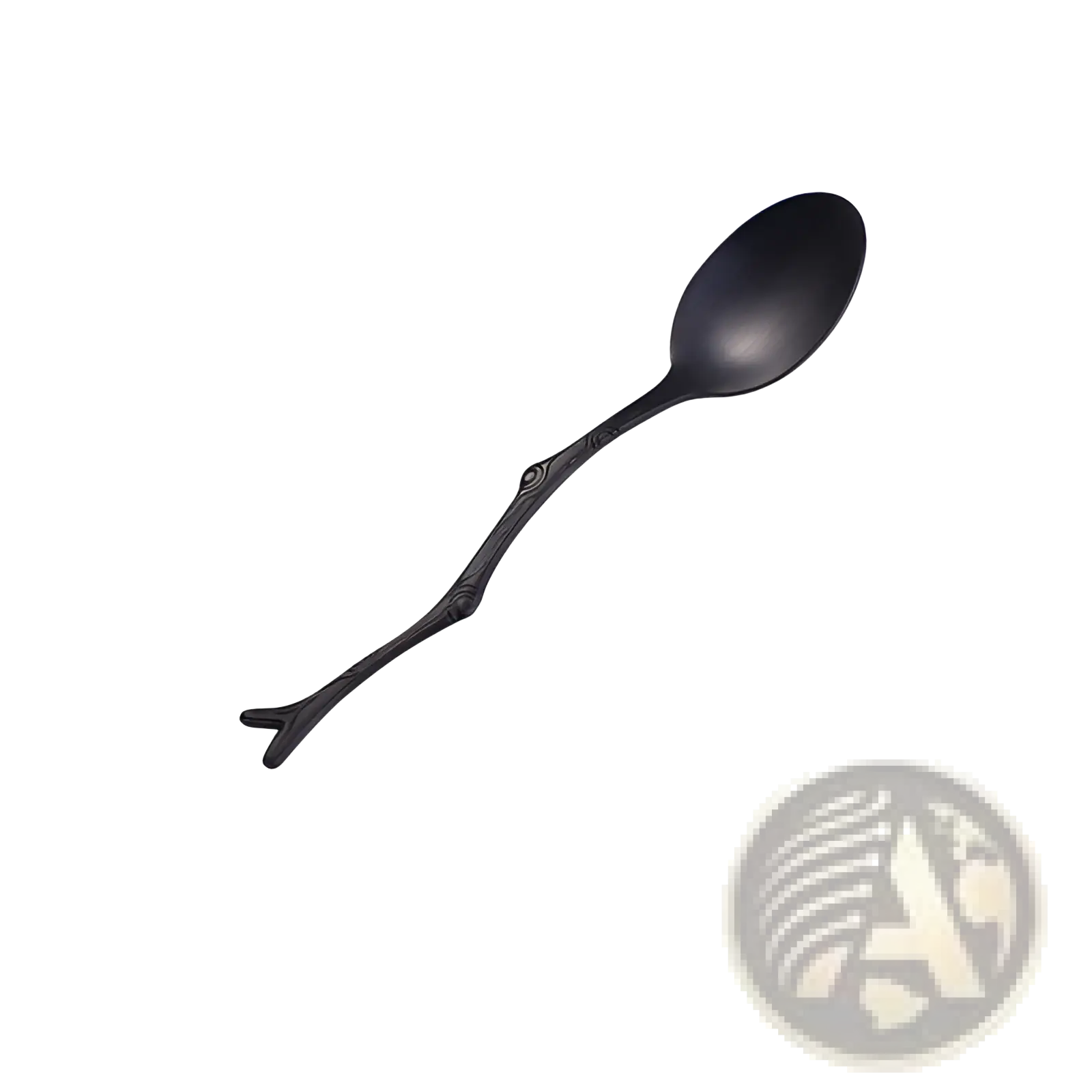 Black matte-finished stainless steel dessert spoon with tree branch-inspired handle, 11.8 cm long from Branch cutlery set
