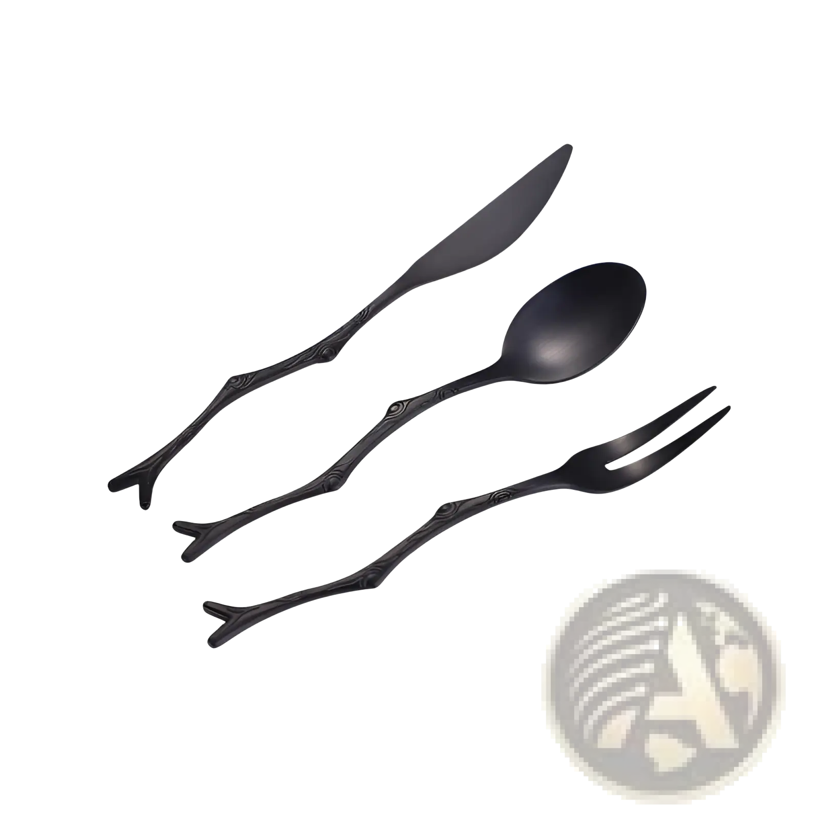 Black matte finished stainless steel branch dessert cutlery set with unique branch like handles