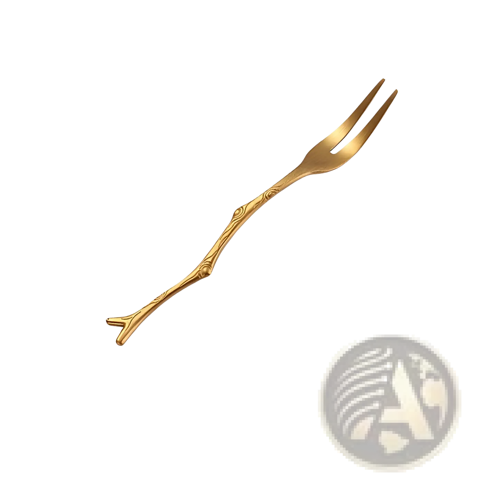 A golden branch stainless steel dessert fork with a sleek metallic finish and intricate wood-grain handle detailing