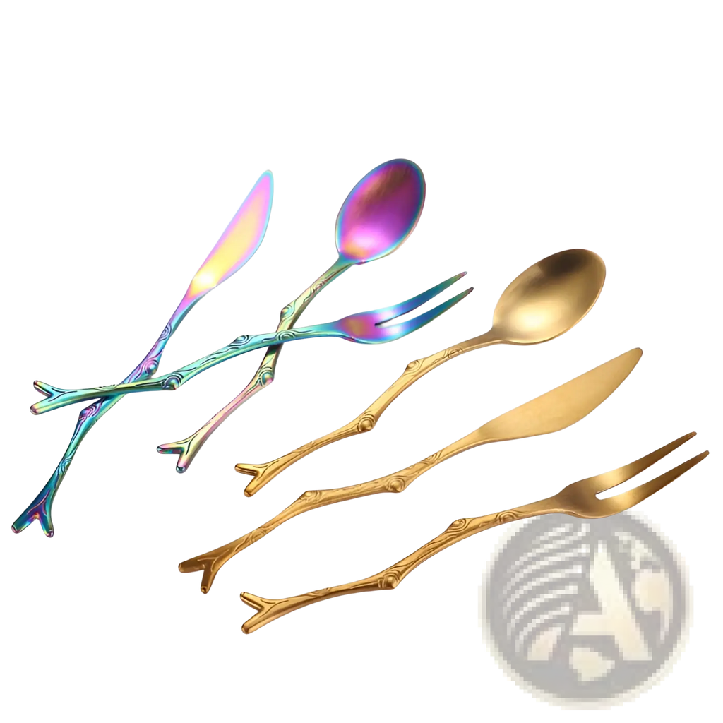 Set of six branch stainless steel dessert cutlery with iridescent rainbow and solid gold-tone handles