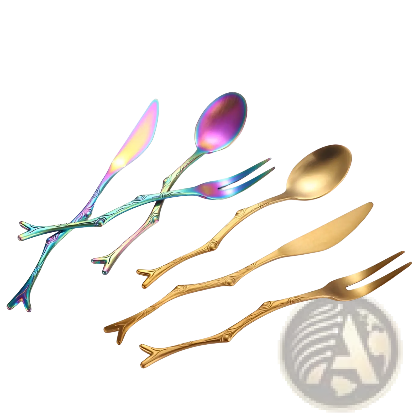 Set of six branch stainless steel dessert cutlery with iridescent rainbow and solid gold-tone handles