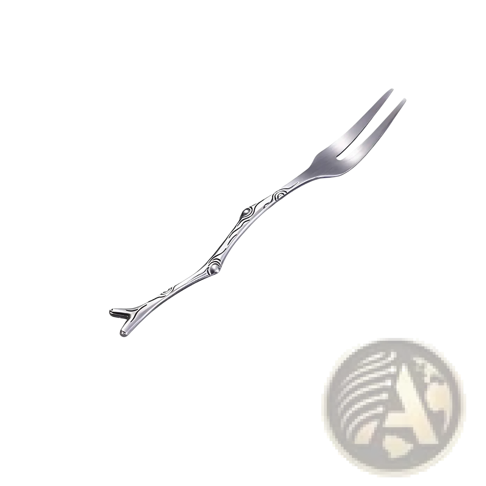 A sleek stainless steel dessert fork with 12.2cm tree branch handle and engraved patterns for elegant serving