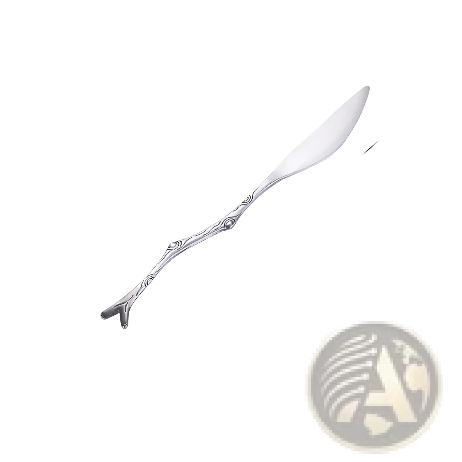 Silver-toned branch stainless steel dessert butter knife with decorative handle and elegant curved blade
