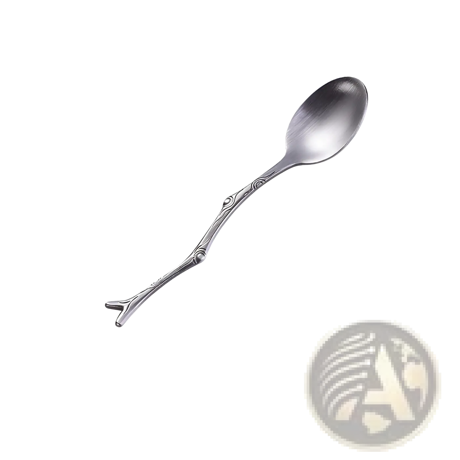 A sleek 11.8cm brushed metallic spoon with a tree branch designed handle from Branch stainless steel dessert cutlery set