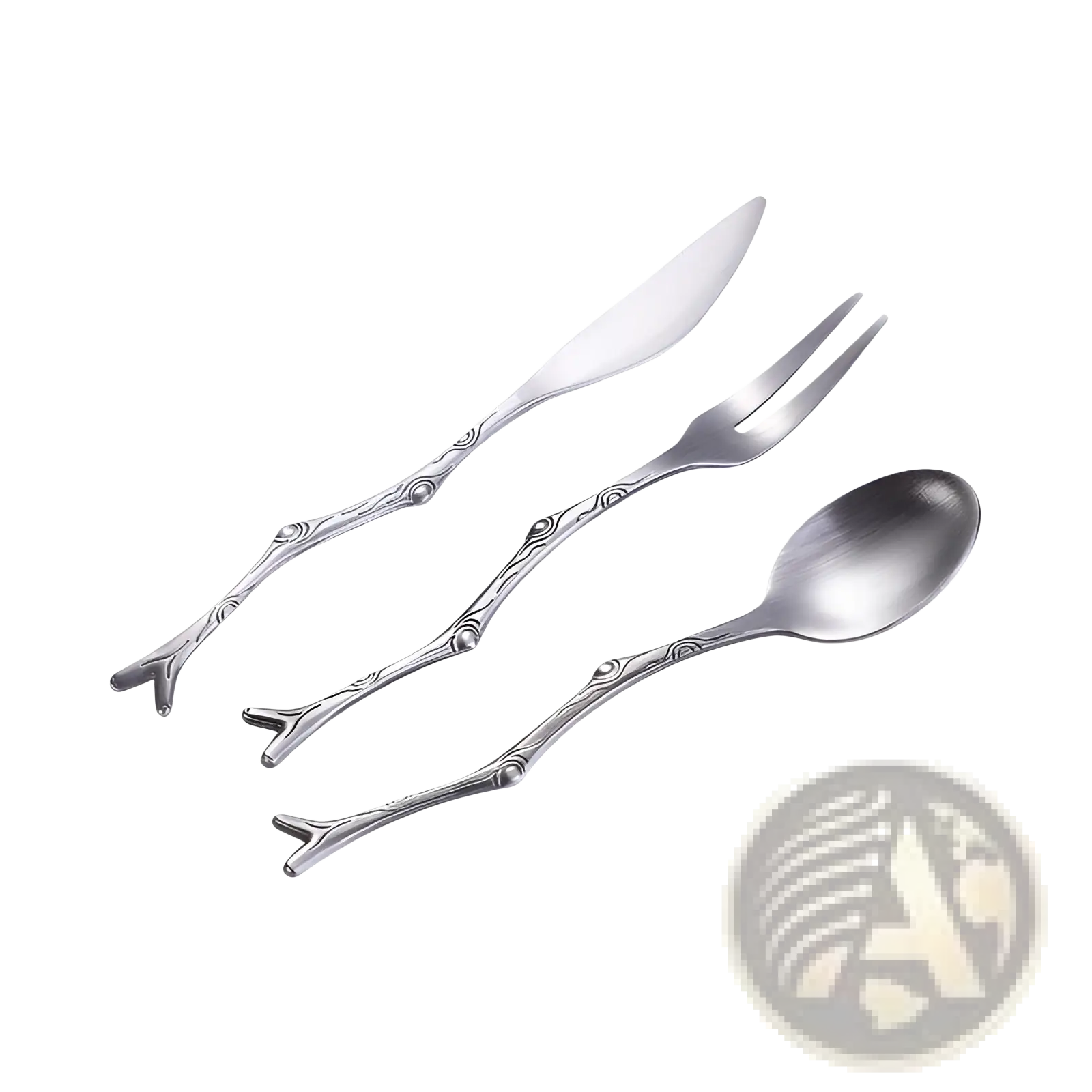 Silver-toned branch stainless steel dessert cutlery set with intricately designed tree branch handles and subtle engravings