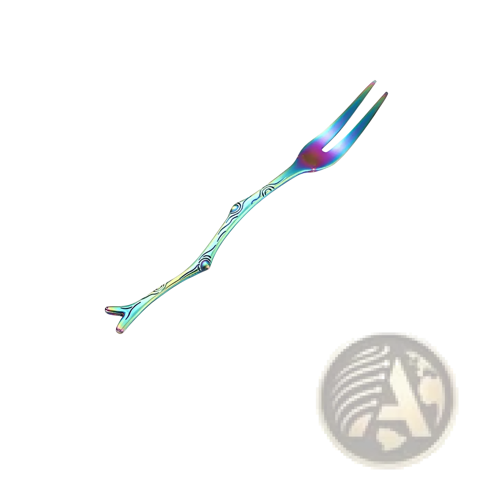 A 12.2cm stainless steel dessert fork with a vibrant iridescent finish and ornate branch-like handle design