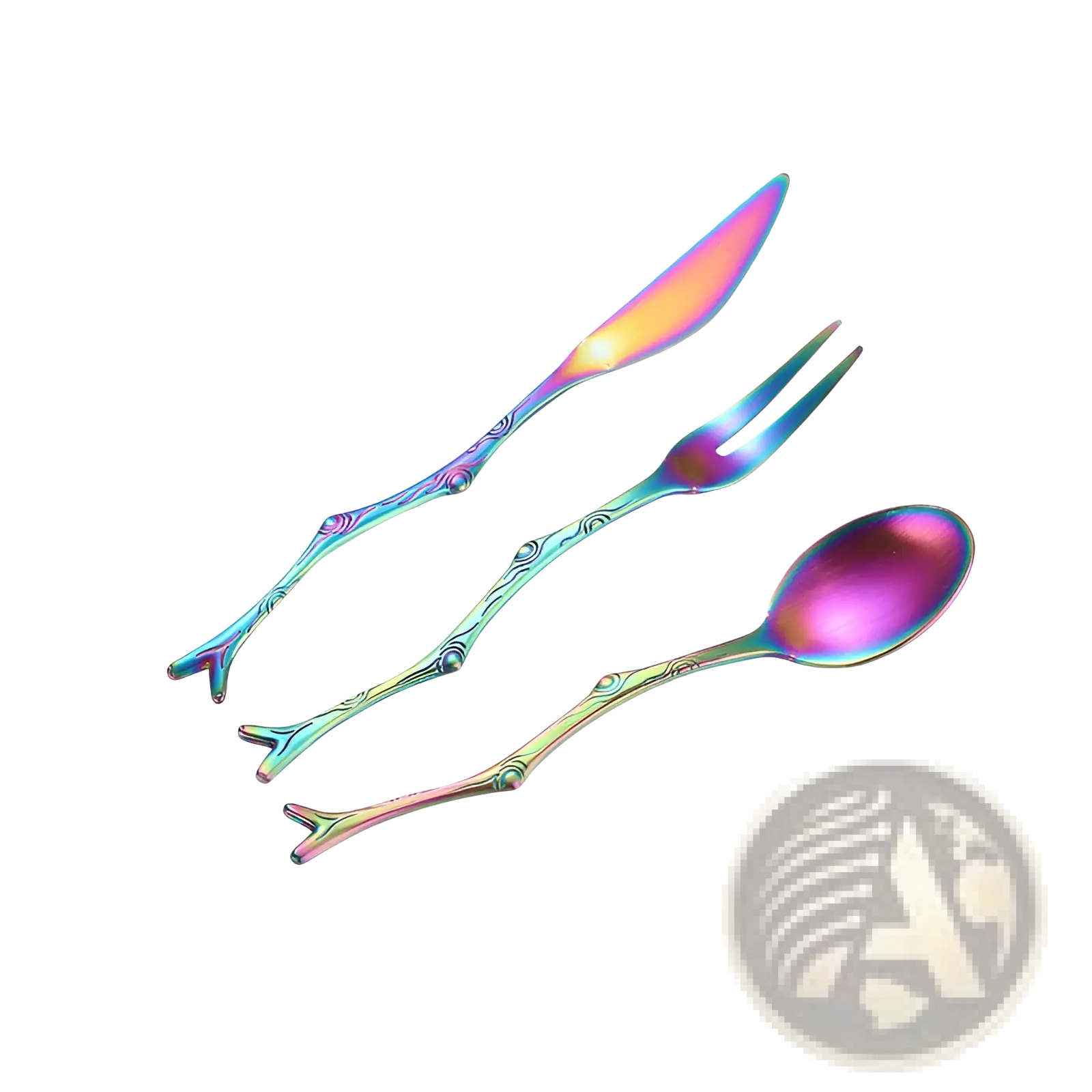 Iridescent branch stainless steel dessert cutlery set with knife fork and spoon featuring swirling patterns