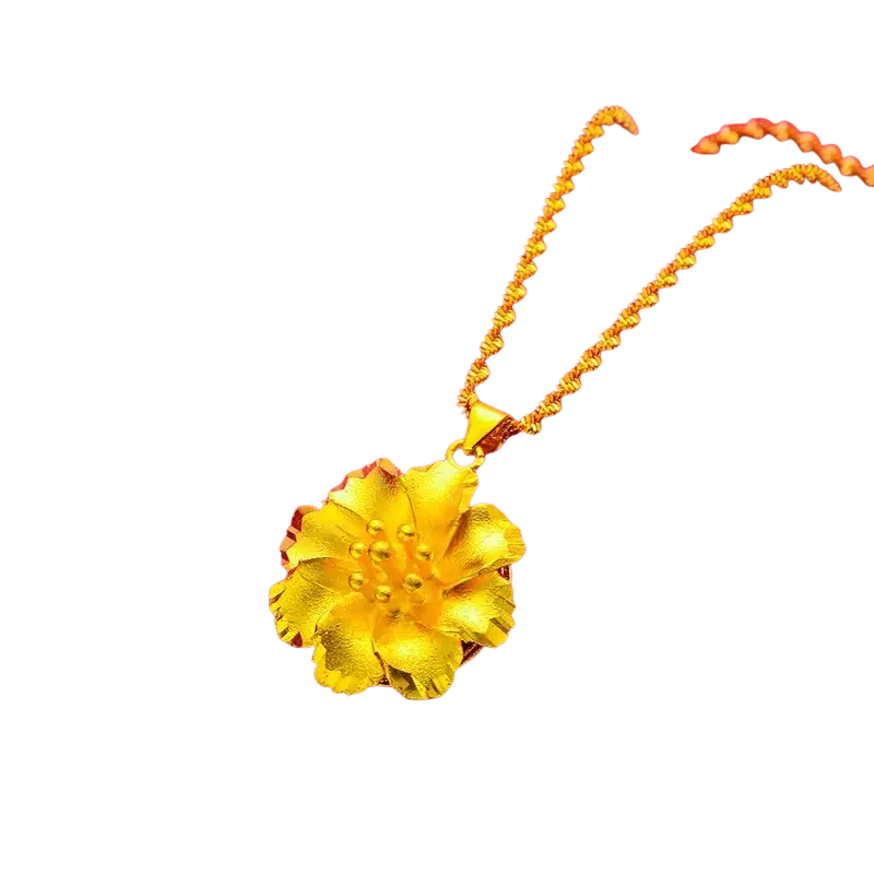 Brass gold plated flower plus necklace woman featuring a golden flower pendant with intricate petal details and chain