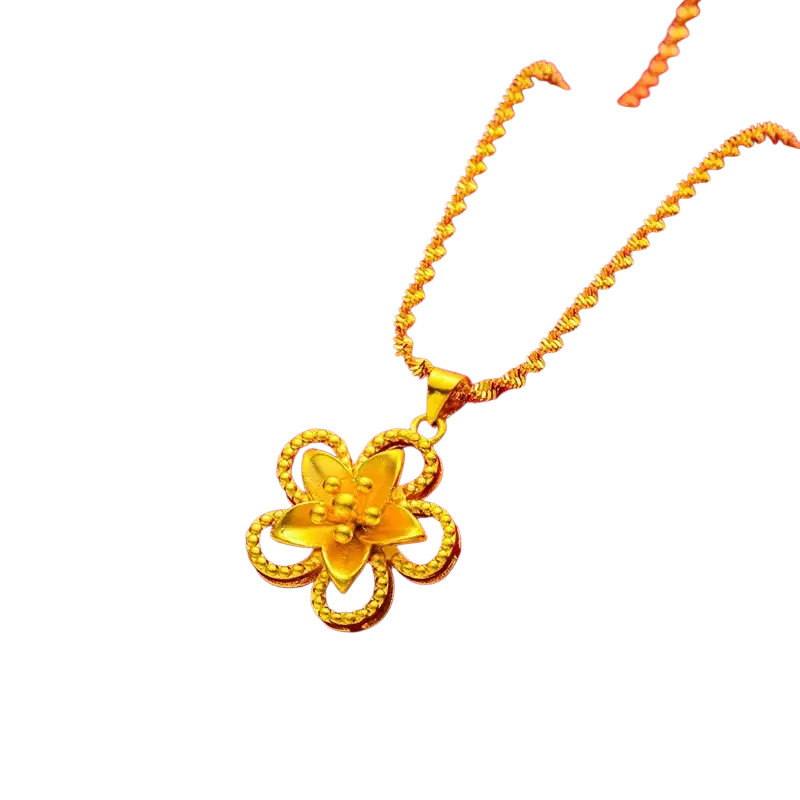 Brass gold plated flower plus necklace woman featuring a golden flower pendant with intricate petals and twisted rope chain