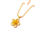 Brass gold plated flower plus necklace woman featuring a golden flower pendant with intricate petals and twisted rope chain
