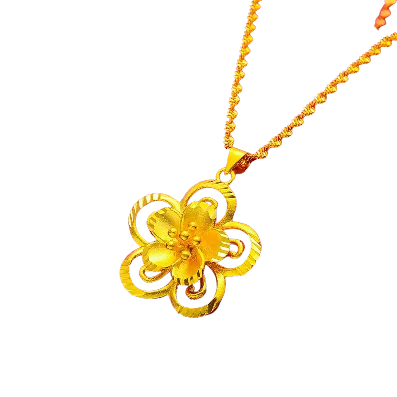 Brass gold plated flower plus necklace woman featuring a golden flower pendant with intricate petals and twisted rope chain