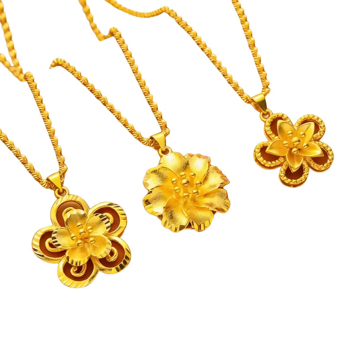 Three brass gold plated flower plus necklaces with intricate petal designs and matching twisted chain links for women