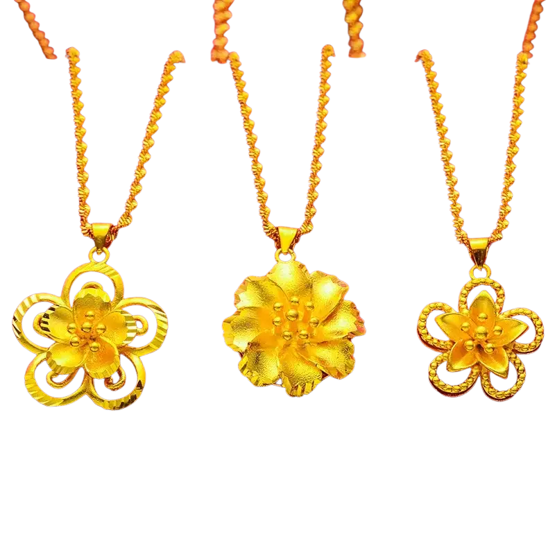 Three brass gold plated flower plus necklace woman pendants on matching beaded chains with intricate petals