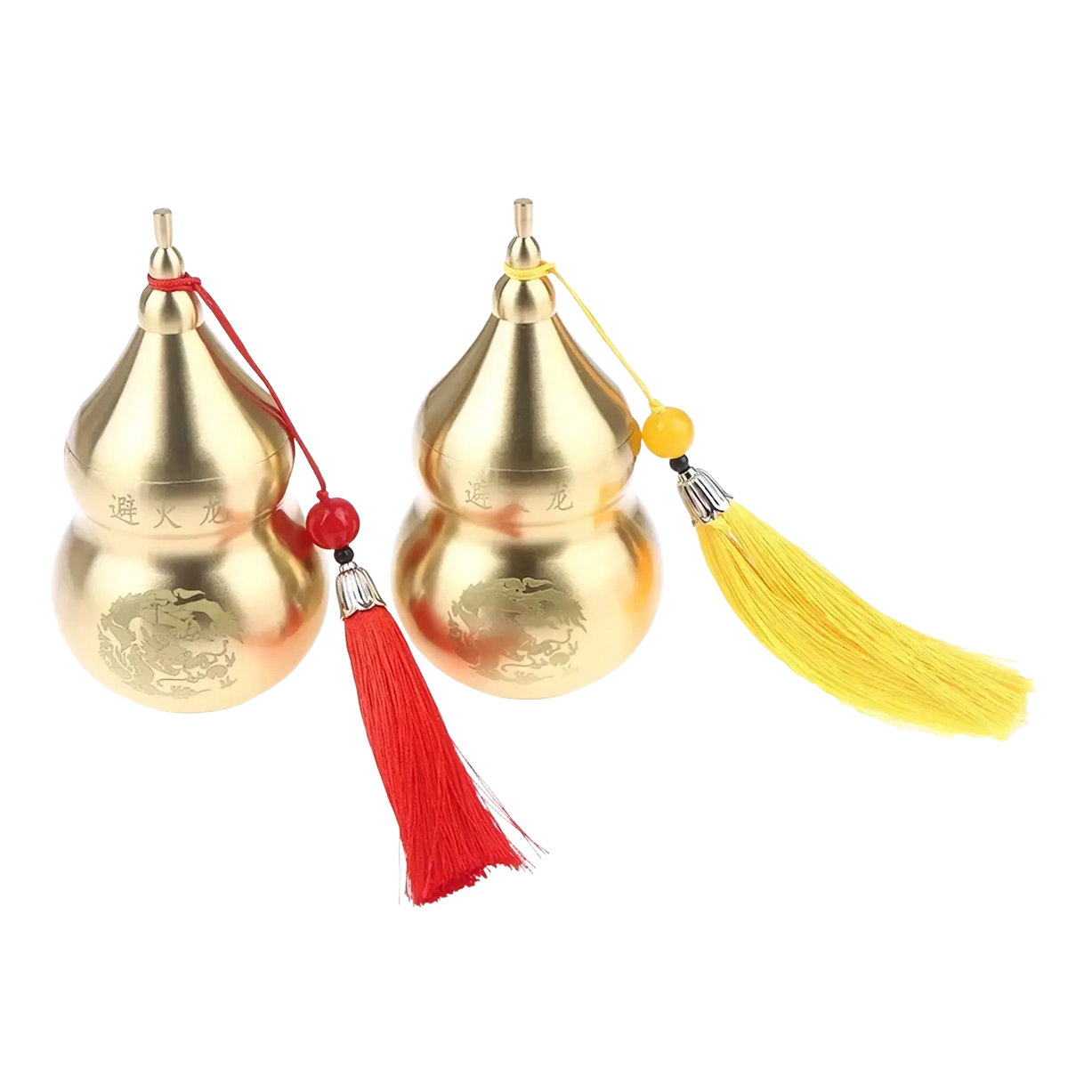 Brass gourd feng shui prosperity ornament with golden metallic finish engraved dragon designs and decorative tassels
