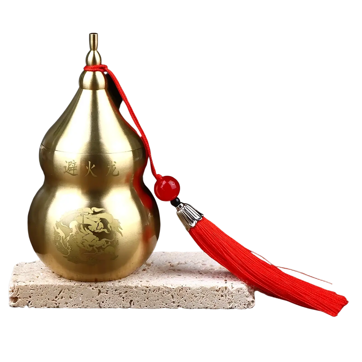 Brass gourd feng shui prosperity ornament featuring a golden metallic finish, dragon engraving, and red tassel