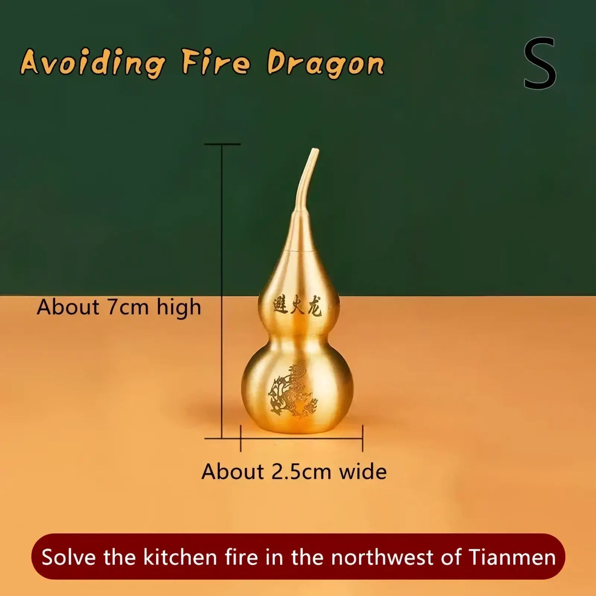 Brass gourd feng shui prosperity ornament in golden metallic with engraved chinese characters and avoiding fire dragon motif