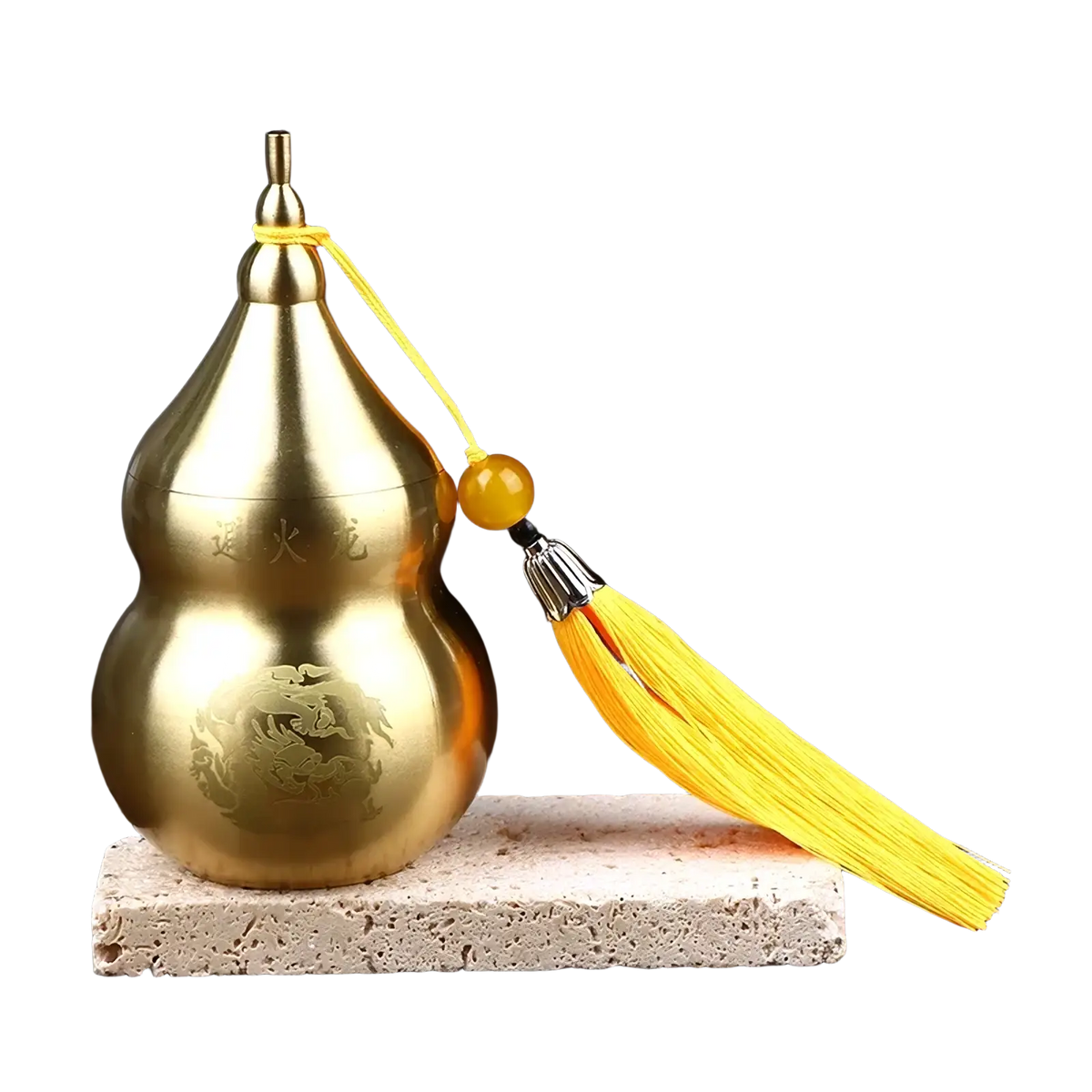 Brass gourd feng shui prosperity ornament with golden brass finish, engraved dragon design, and yellow tassel top