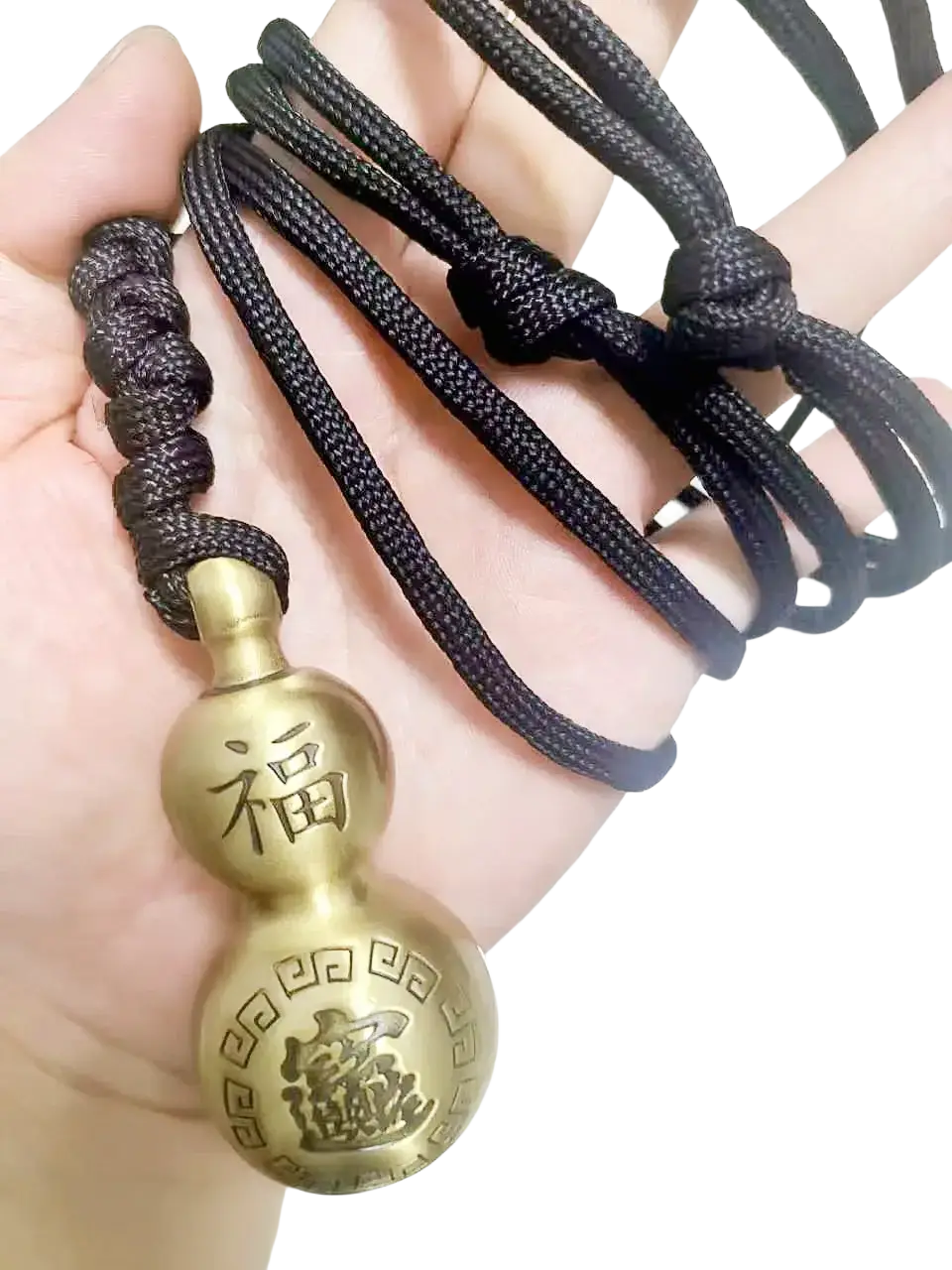 Bronze-colored brass gourd self defense pendant necklace with Chinese engravings on a black braided cord