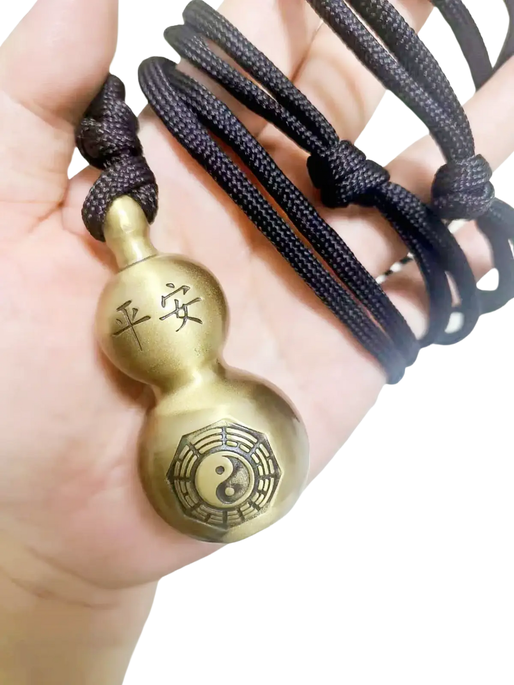Brass gourd self defense pendant necklace in golden with engraved chinese characters and yin-yang symbol on dark cord